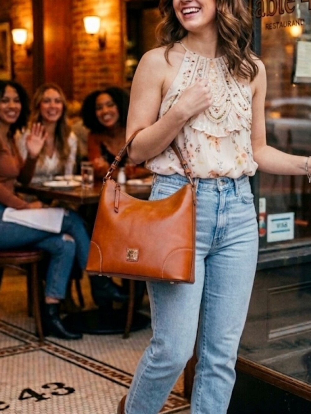 Dooney & Bourke Medium Slouch Hobo Bag Cognac Smooth Leather Shoulder Purse